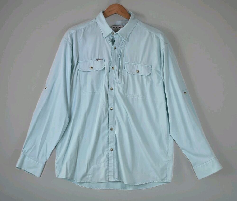 Poncho Men's Large Long Sleeve Button Down Shirt Blue Gorpcore Outdoor Vented